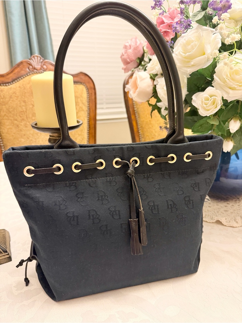 Dooney and Bourke Tulip Tassel Tote in Signature Canvas and Leather